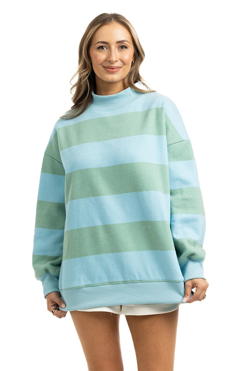 Aqua and Green Striped Wholesale Mockneck Pullover