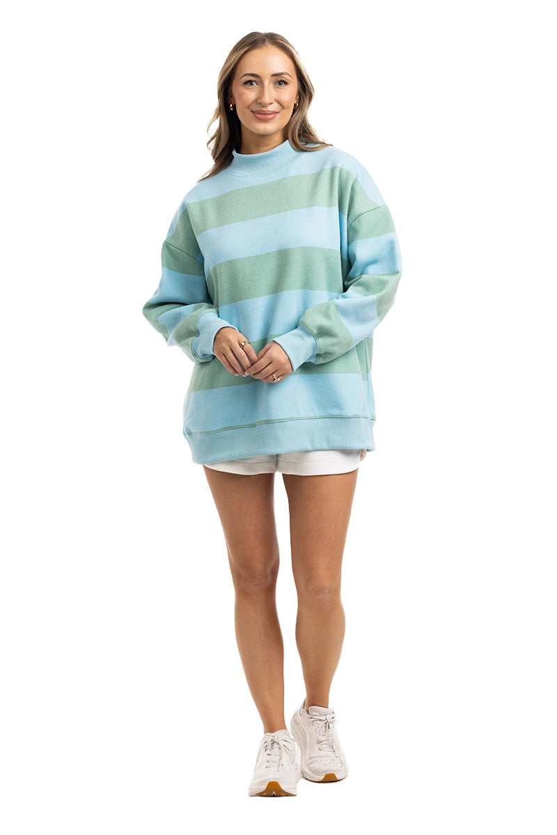Aqua and Green Striped Wholesale Mockneck Pullover