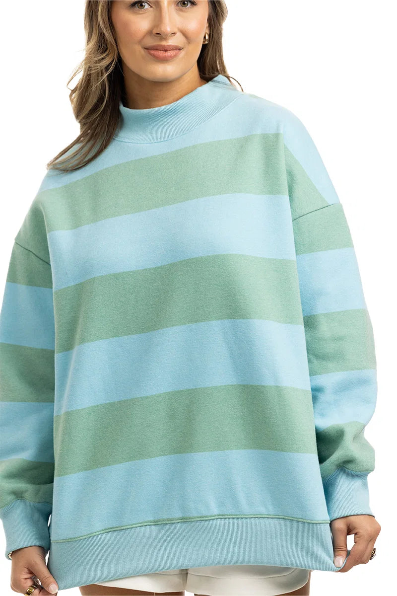 Aqua and Green Striped Wholesale Mockneck Pullover