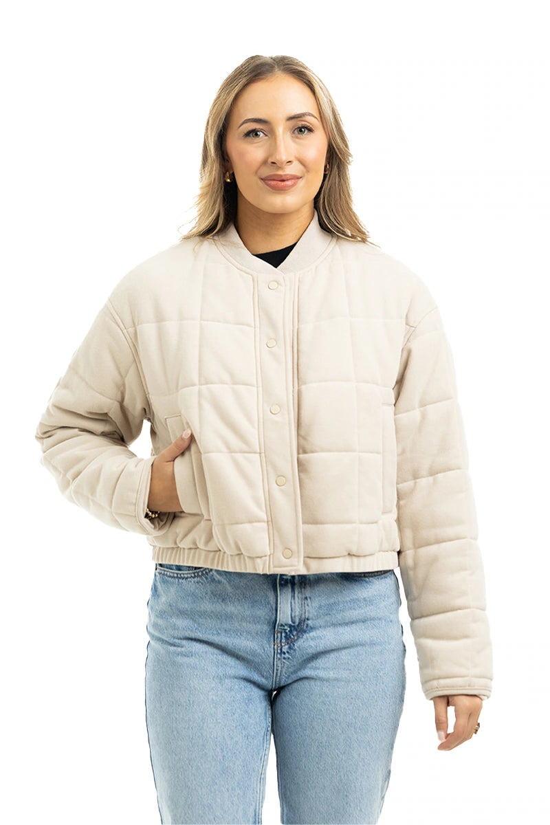 Beige Cropped Wholesale Quilted Bomber Jacket
