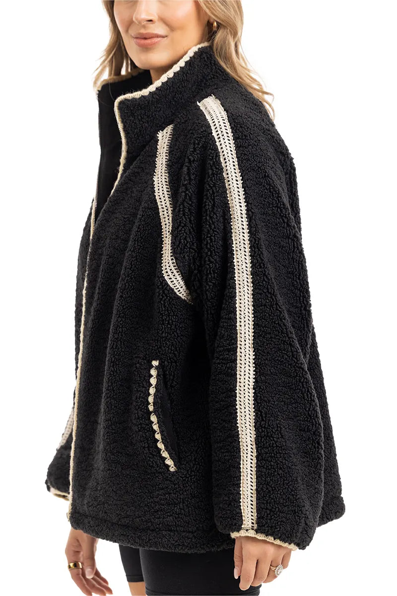 Black Sherpa Wholesale Lace Trim Jacket