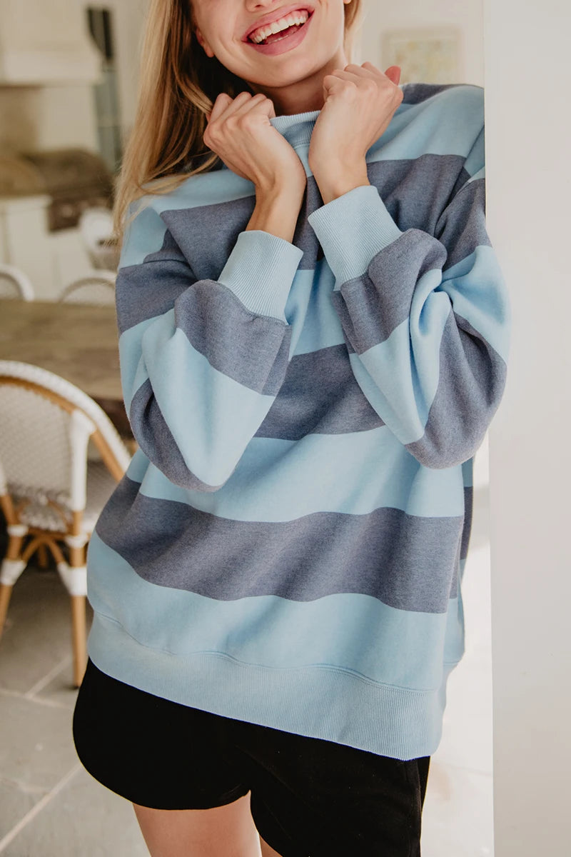 Light Blue and Navy Striped Mockneck Wholesale Sweatshirt