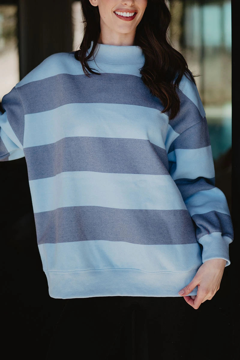 Light Blue and Navy Striped Mockneck Wholesale Sweatshirt