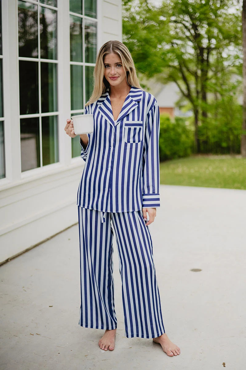 Light Blue and Navy Striped Wholesale Preppy Pajamas