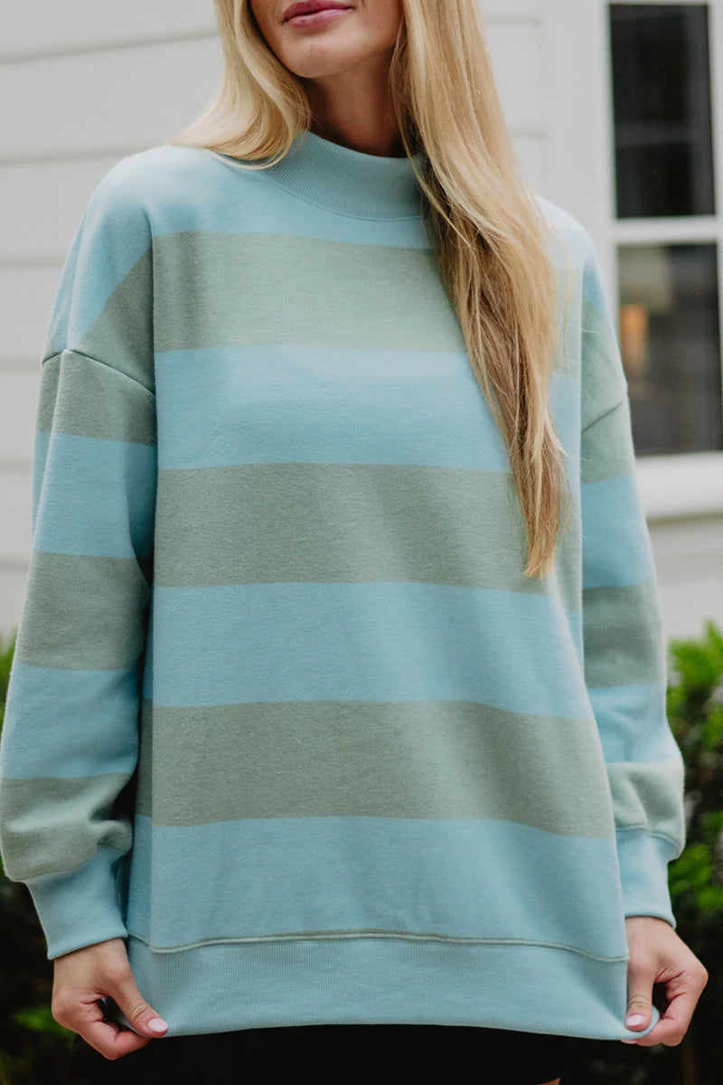 Aqua and Green Striped Wholesale Mockneck Pullover