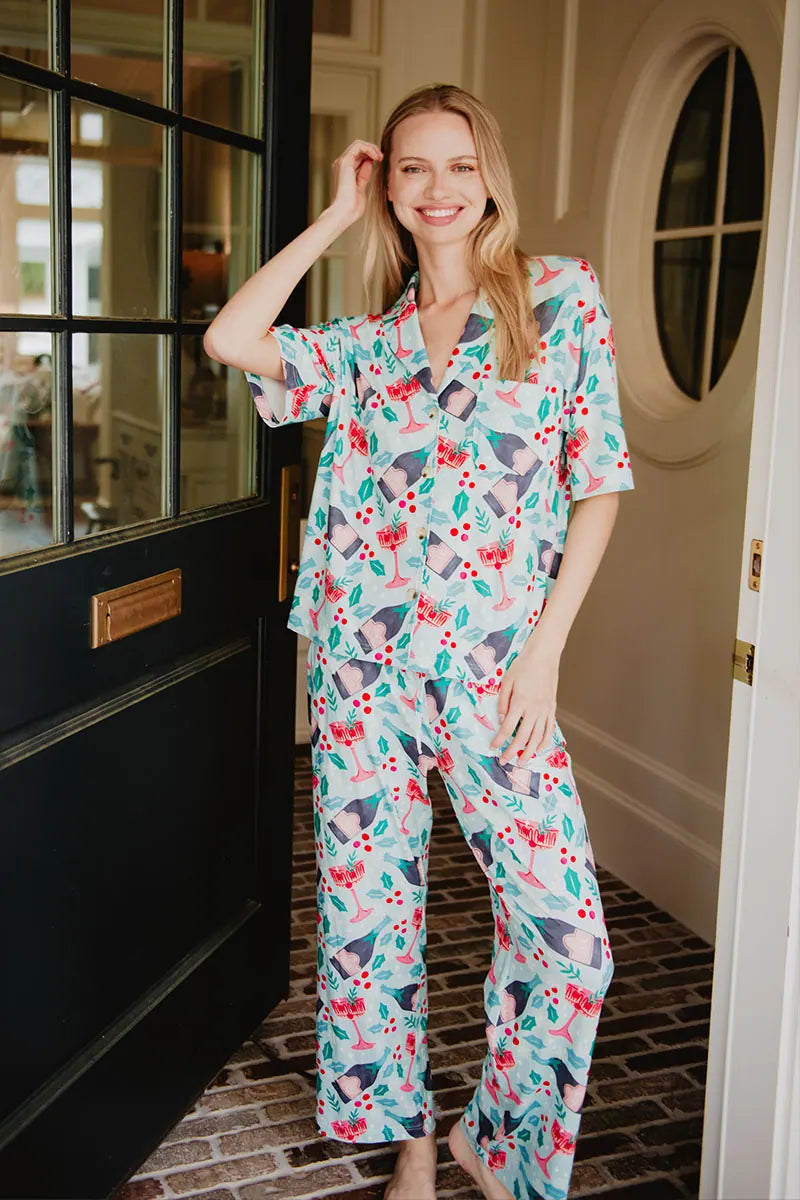 Holiday Champagne, Coupes & Holly Pajama Pants Set