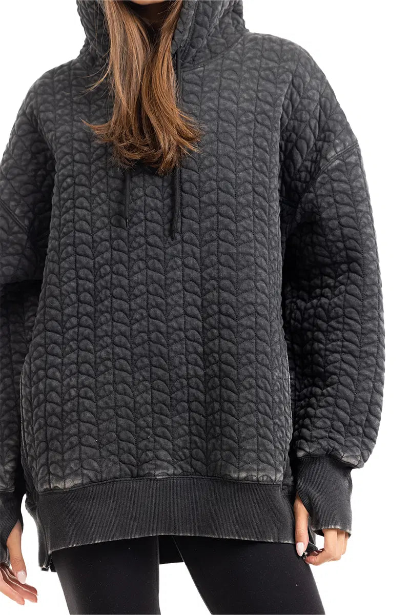 Charcoal Heart Quilted Garment Washed Hoodie