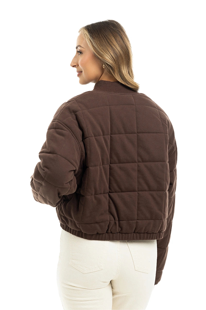 Chocolate Brown Cropped Quilted Bomber Jacket