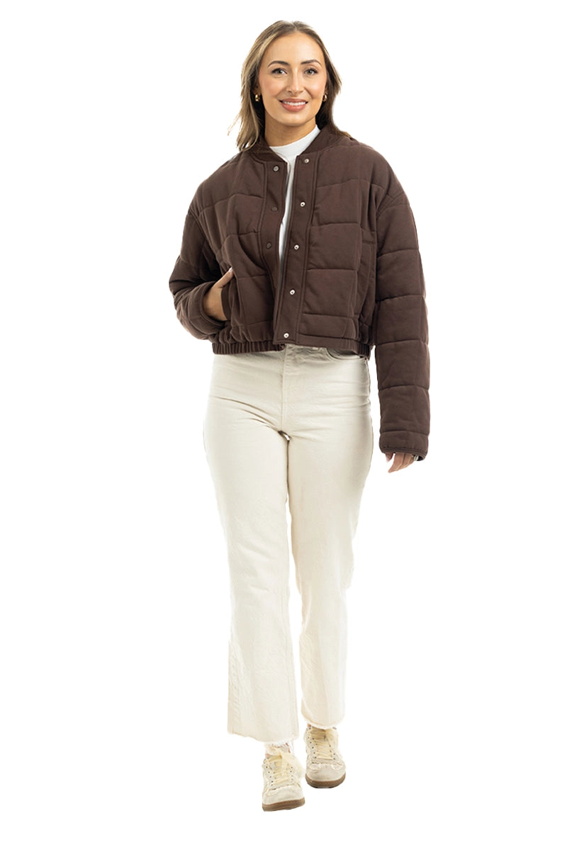Chocolate Brown Cropped Quilted Bomber Jacket