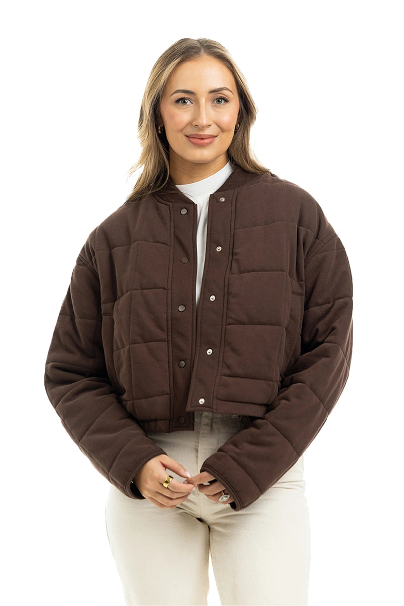 Chocolate Brown Cropped Quilted Bomber Jacket