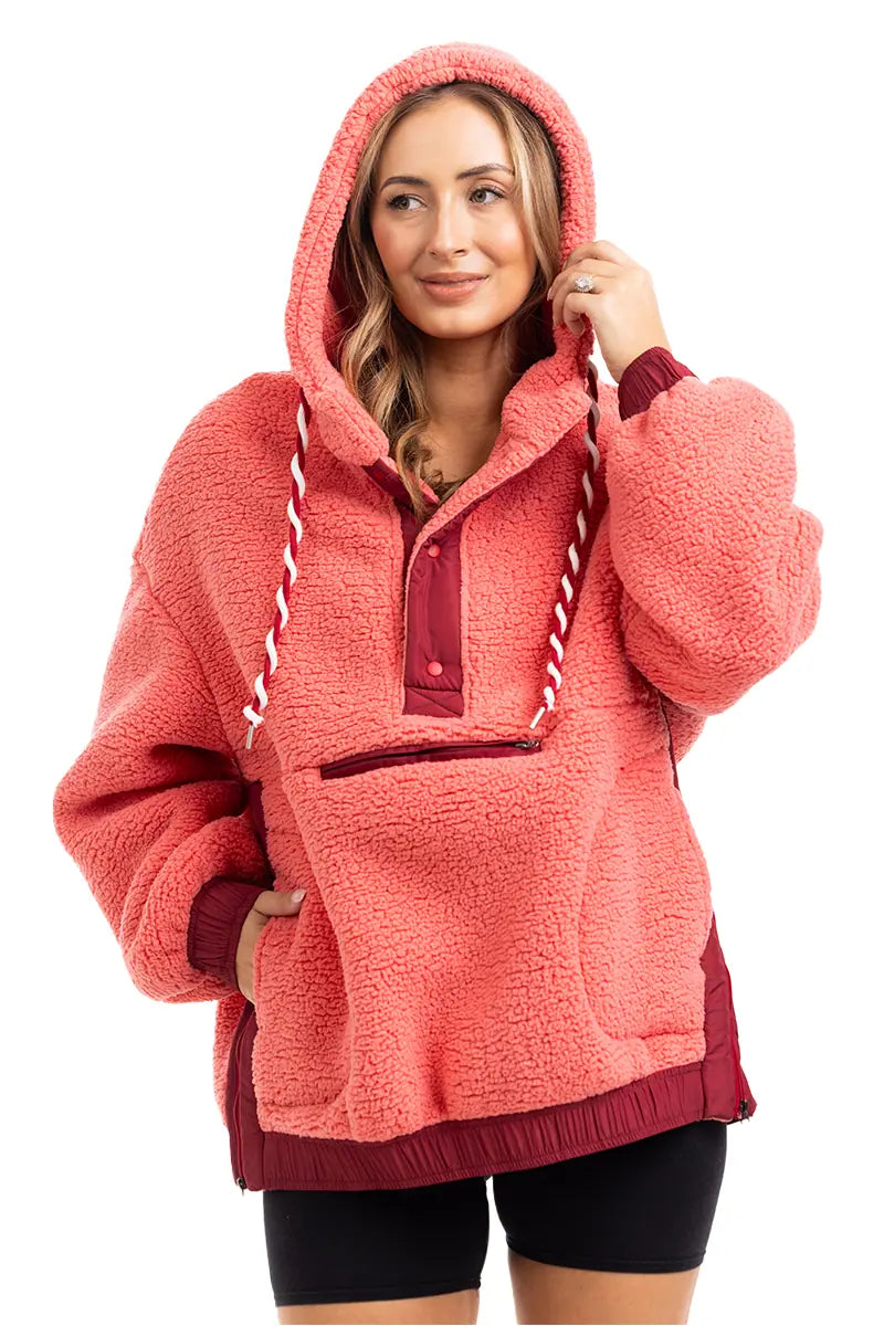 Coral Two-Toned Wholesale Sherpa Fleece Pullover
