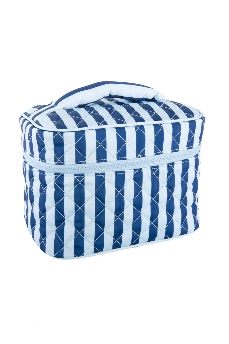 Light Blue and Navy Striped Quilted Makeup Bag