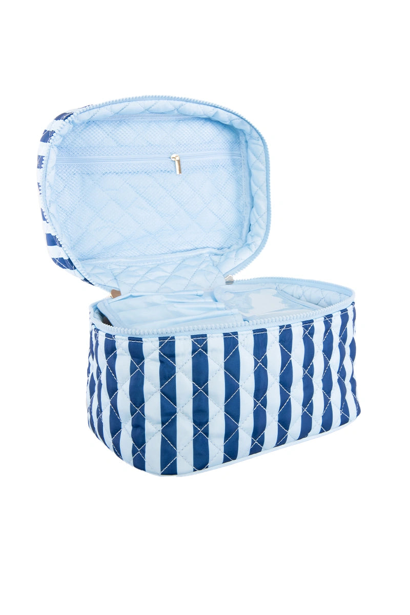 Light Blue and Navy Striped Quilted Makeup Bag