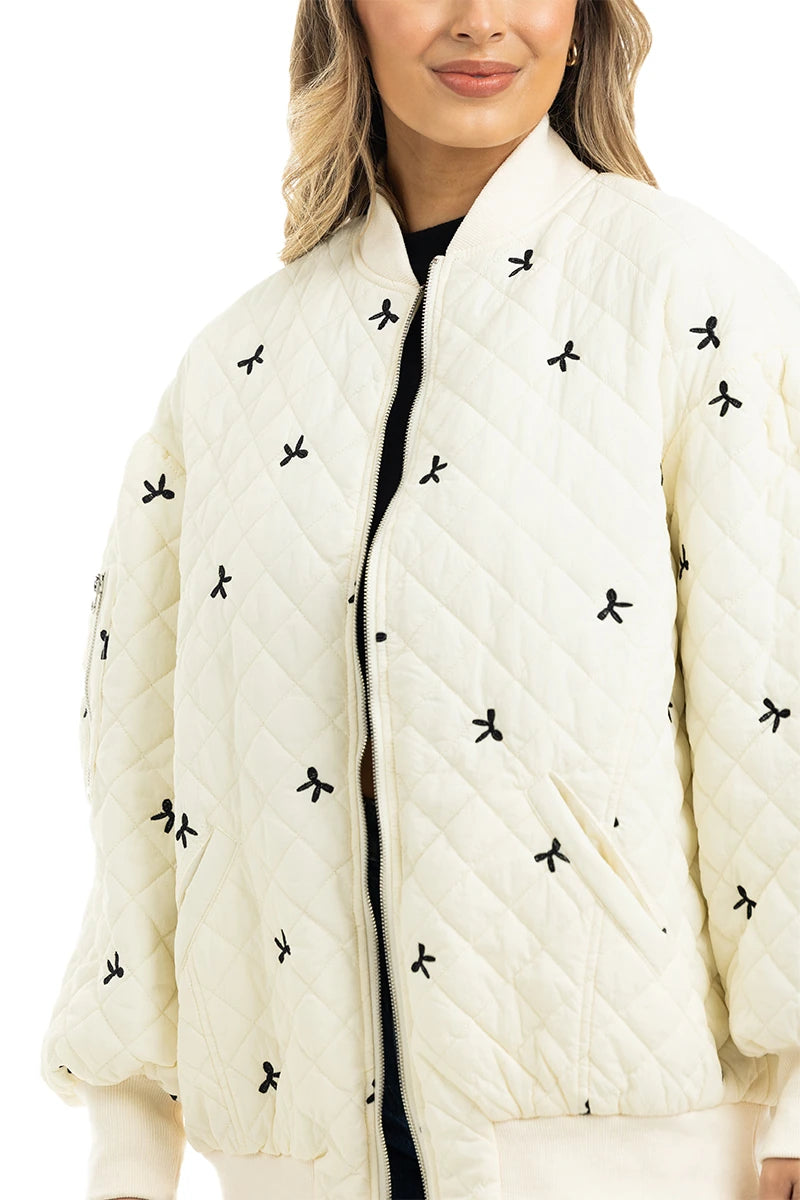 Cream and Black Bows Wholesale Quilted Jacket