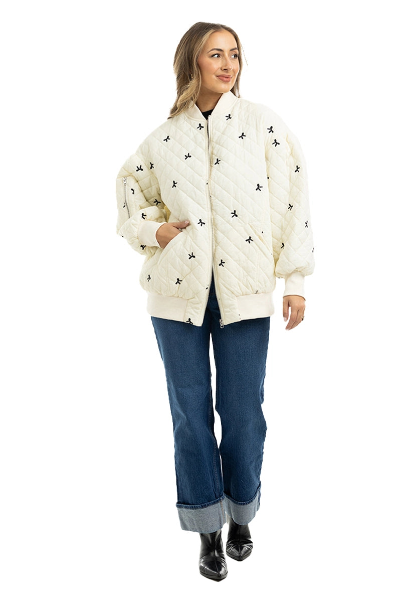 Cream and Black Bows Wholesale Quilted Jacket