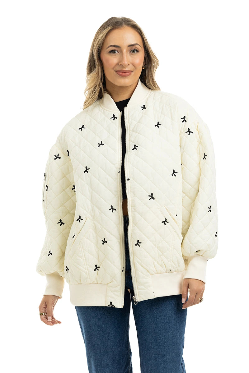Cream and Black Bows Wholesale Quilted Jacket