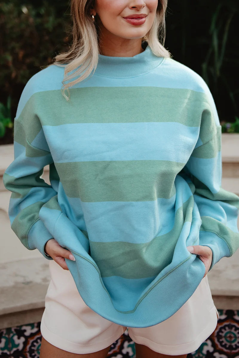 Aqua and Green Striped Wholesale Mockneck Pullover