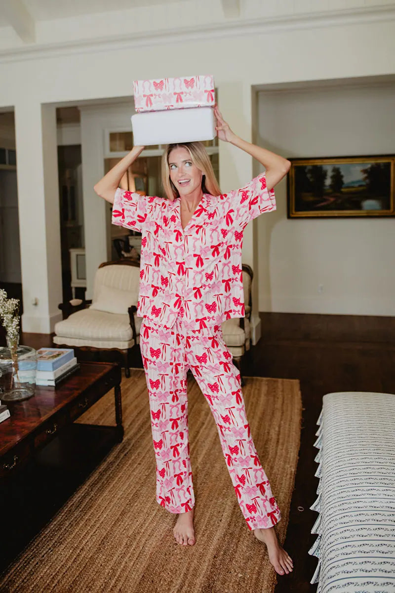 Pink & Red Coquette Bows Wholesale Pajama Pants Set