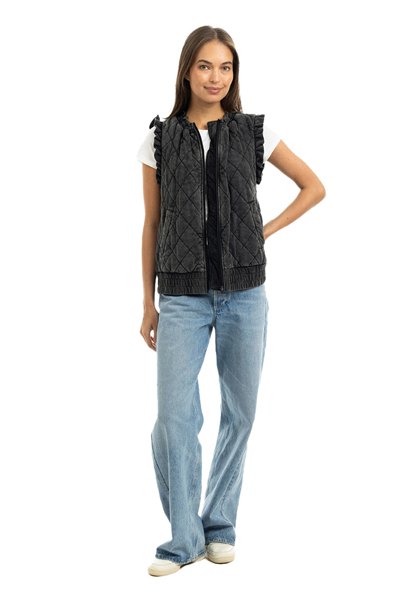 Charcoal Garment Washed Quilted Ruffle Sleeve Vests