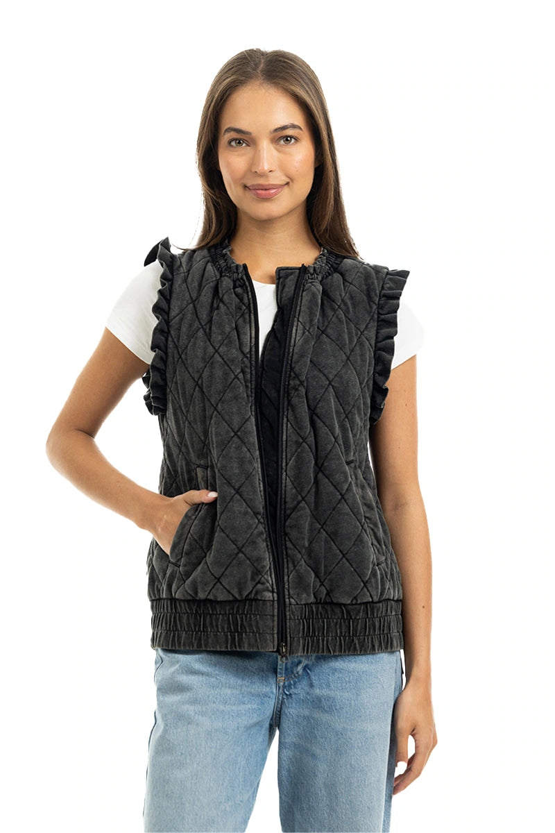 Charcoal Garment Washed Quilted Ruffle Sleeve Vests