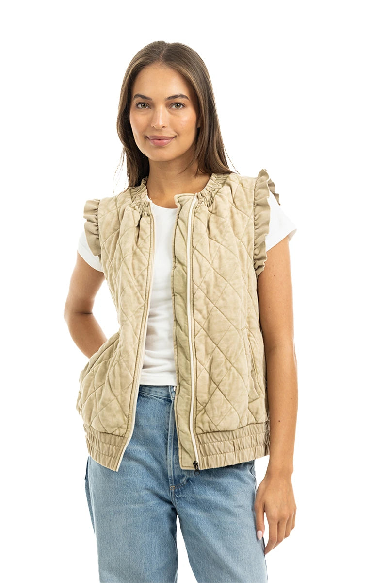 Beige Garment Washed Quilted Ruffle Sleeve Vests