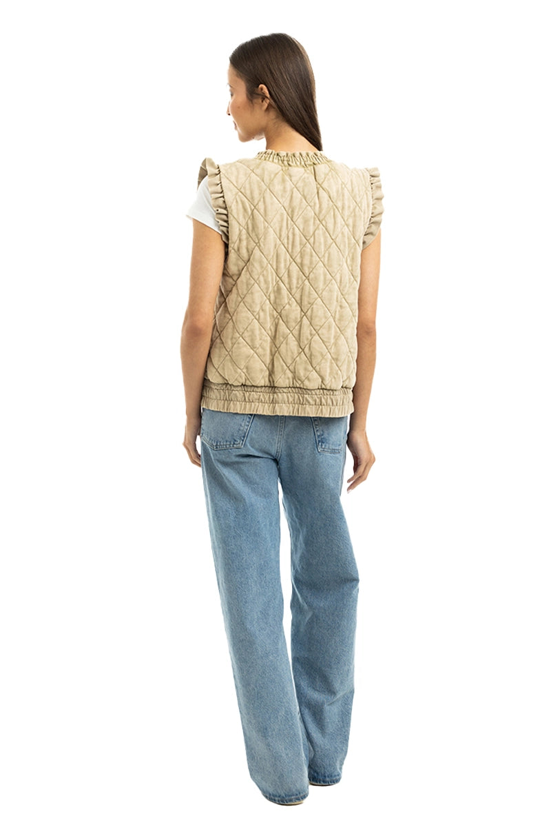 Beige Garment Washed Quilted Ruffle Sleeve Vests