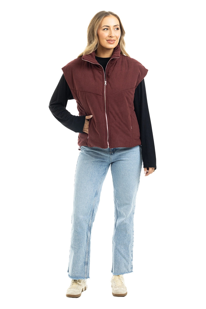 Wine Corduroy Puffer Women's Vest Wholesale