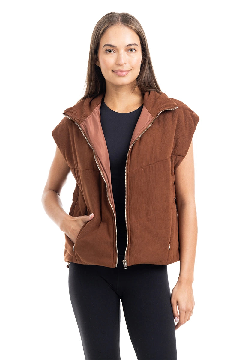 Brown Trendy Wholesale Corduroy Puffer Vest