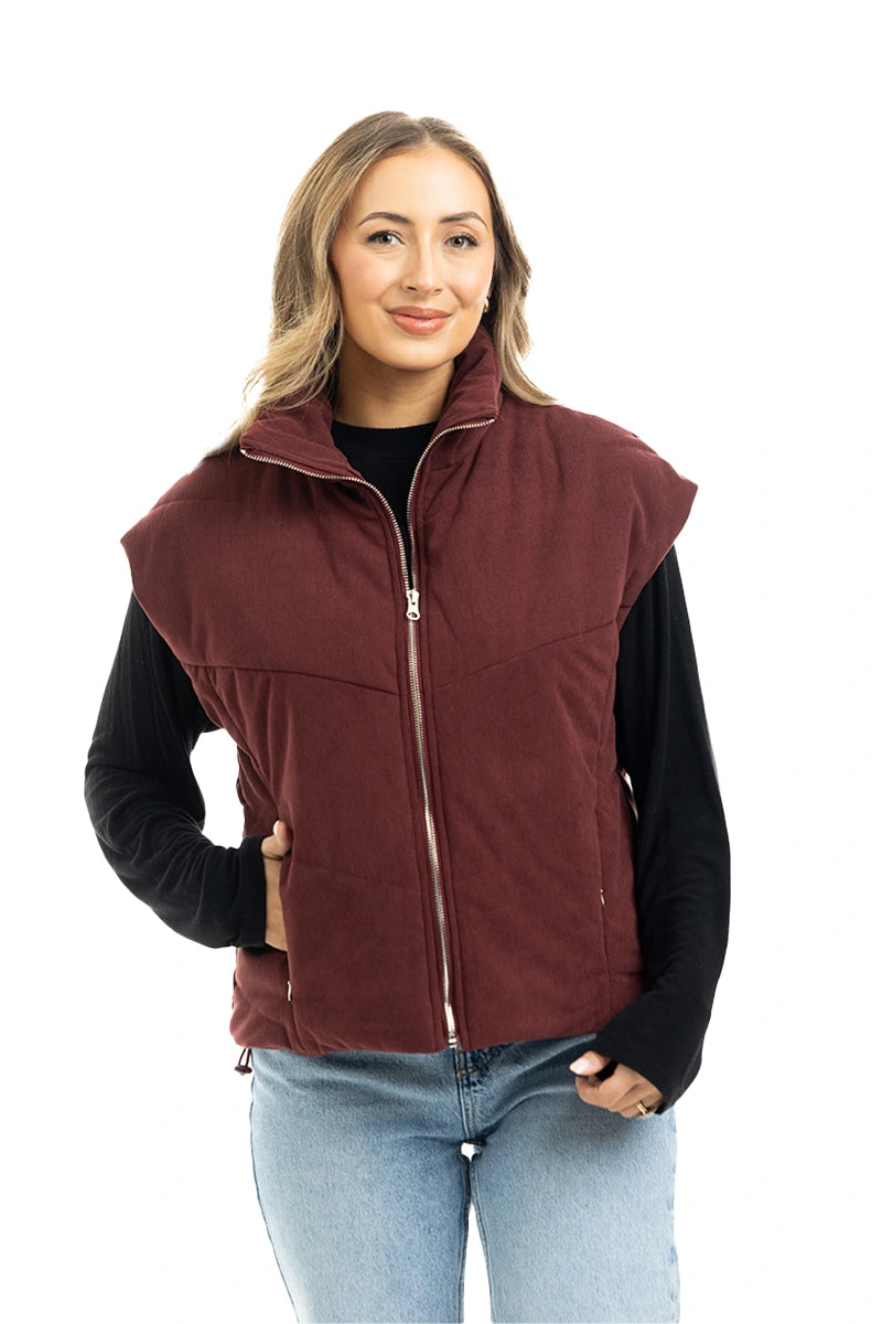 Wine Corduroy Puffer Women's Vest Wholesale
