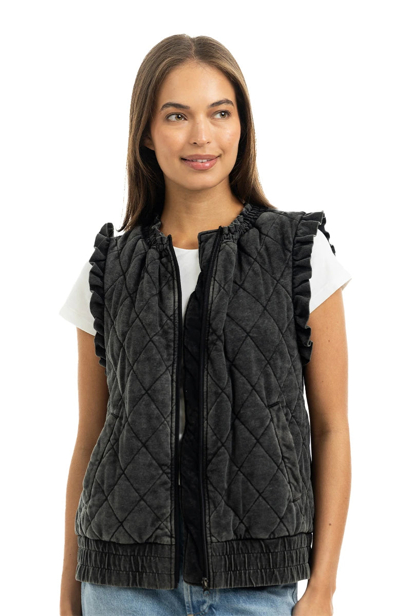 Charcoal Garment Washed Quilted Ruffle Sleeve Vests