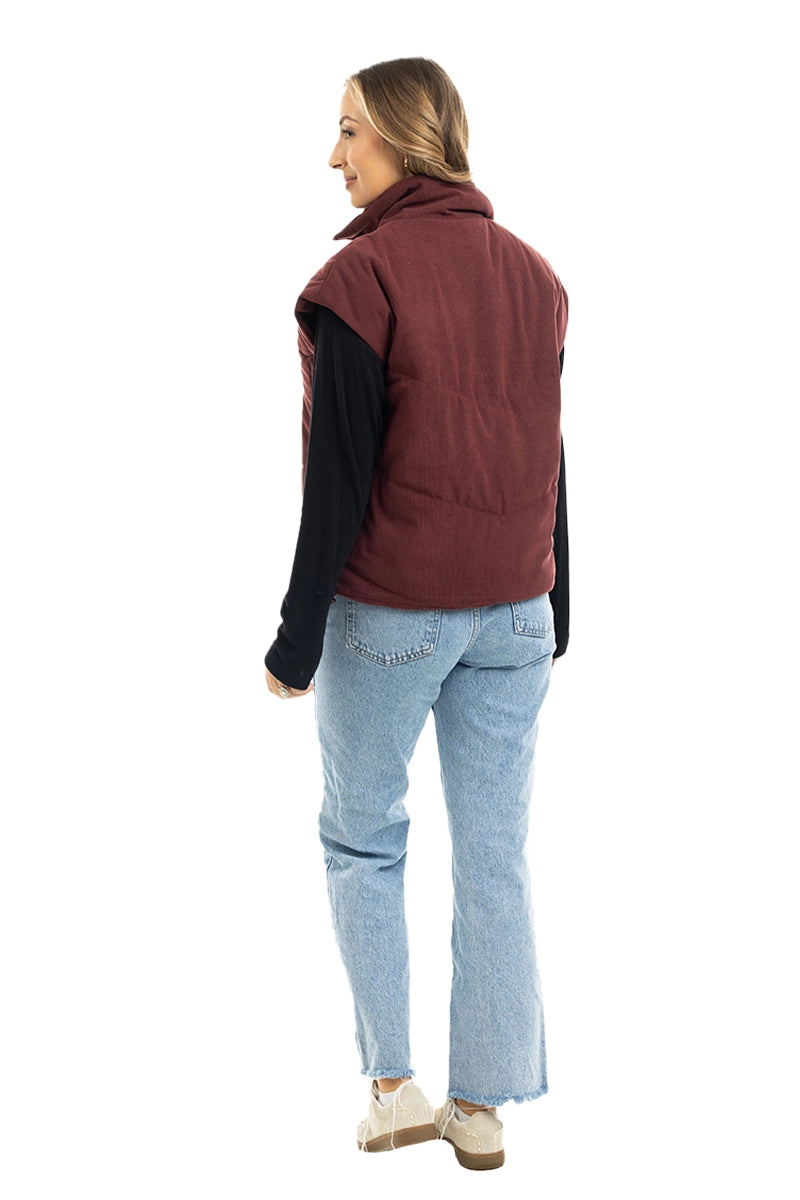 Wine Corduroy Puffer Women's Vest Wholesale