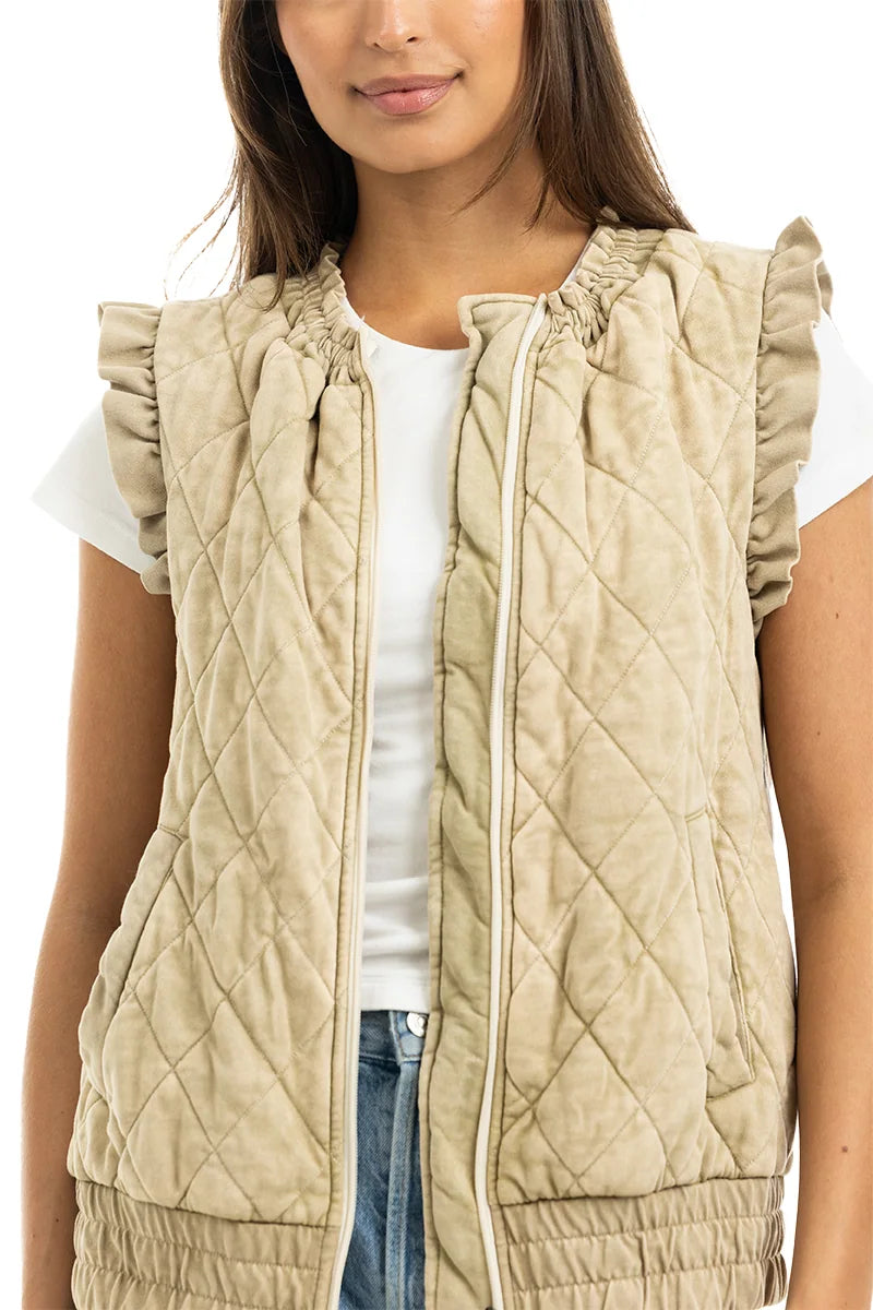 Beige Garment Washed Quilted Ruffle Sleeve Vests
