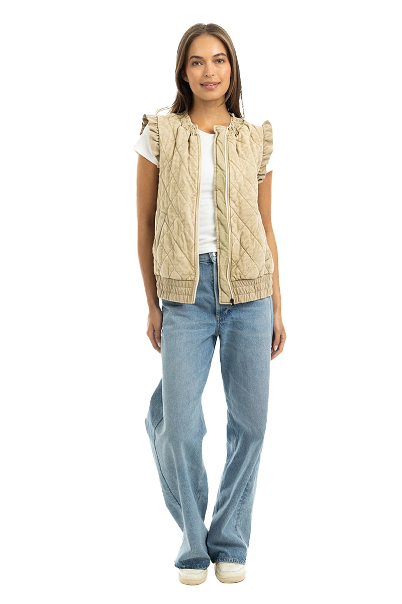 Beige Garment Washed Quilted Ruffle Sleeve Vests