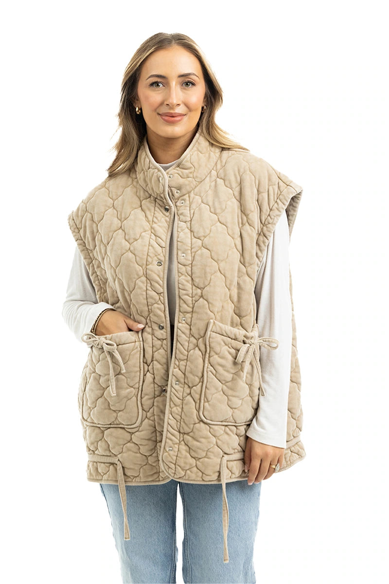 Beige Oversized Garment Washed Quilted Vests Wholesale