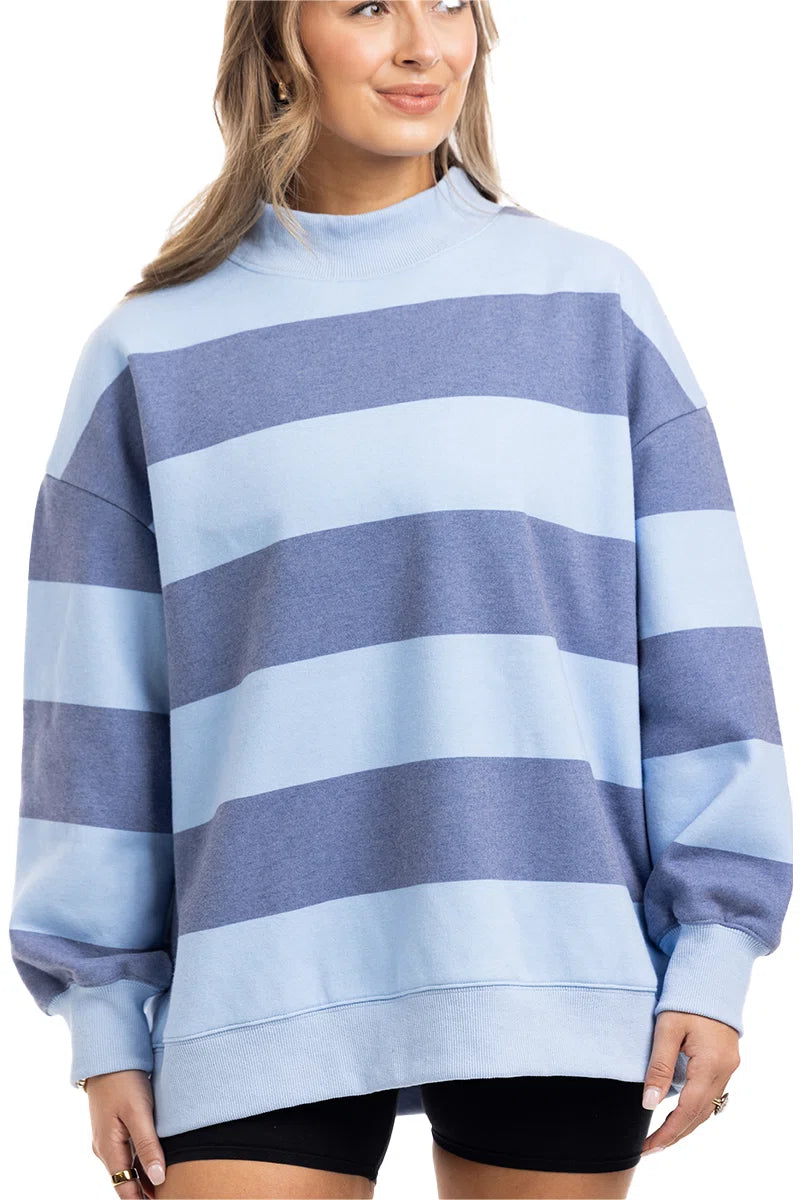 Light Blue and Navy Striped Mockneck Wholesale Sweatshirt