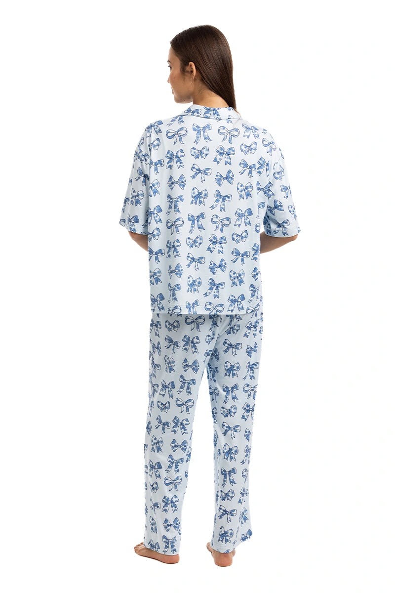 Light Blue Toile Bows Wholesale Matching PJ Pants Set