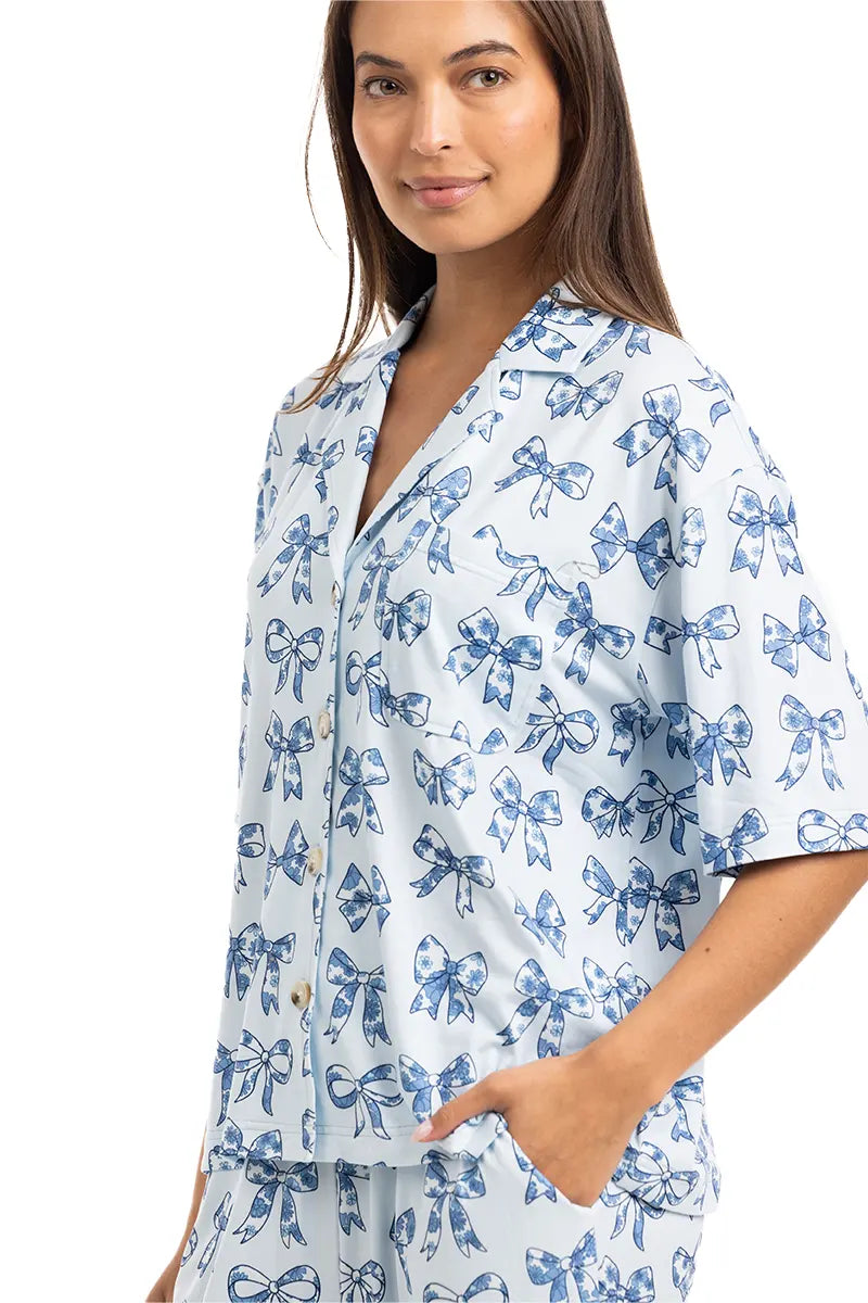 Light Blue Toile Bows Wholesale Matching PJ Pants Set