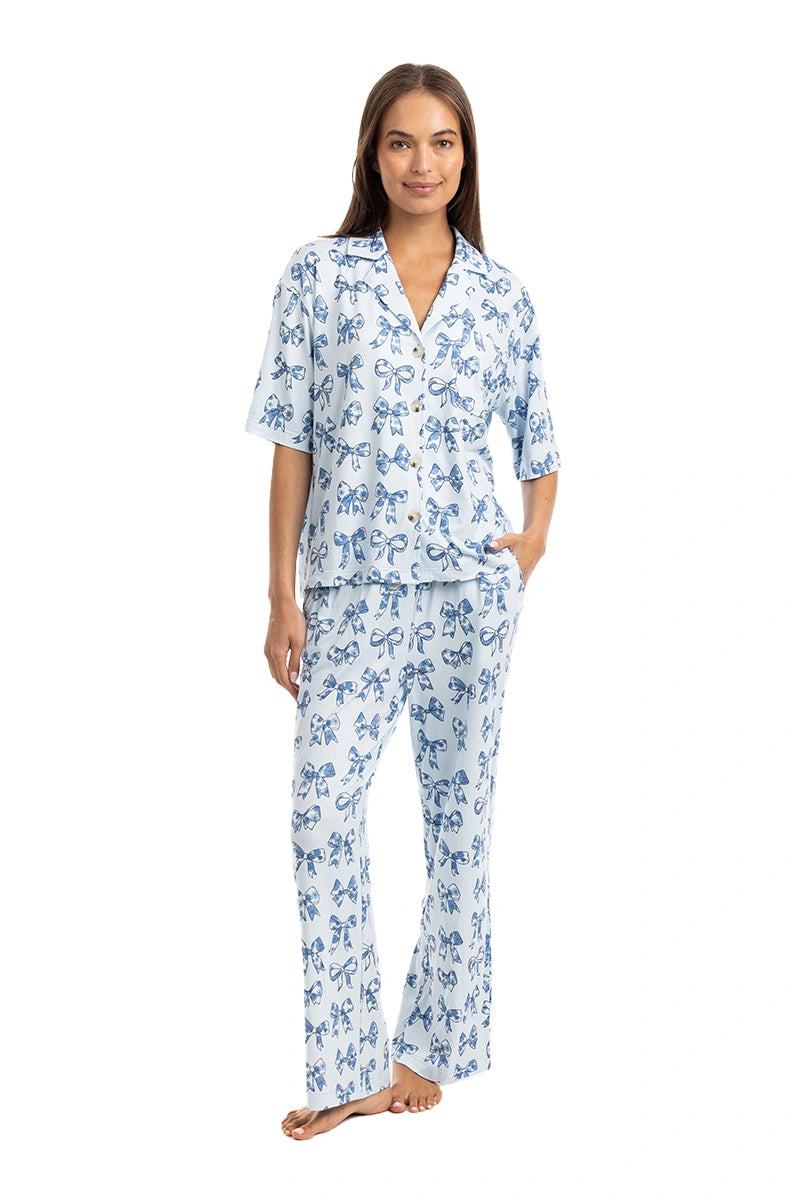 Light Blue Toile Bows Wholesale Matching PJ Pants Set