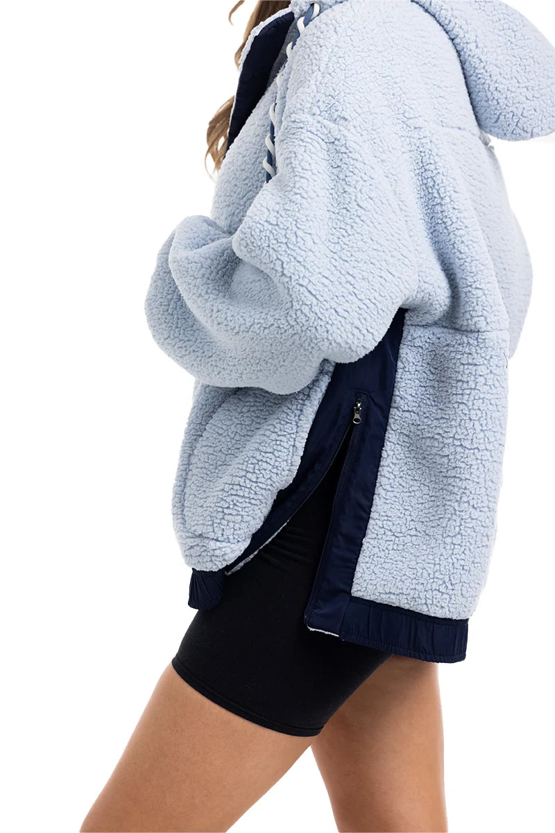 Light Blue Two-Toned Sherpa Pullover Jacket