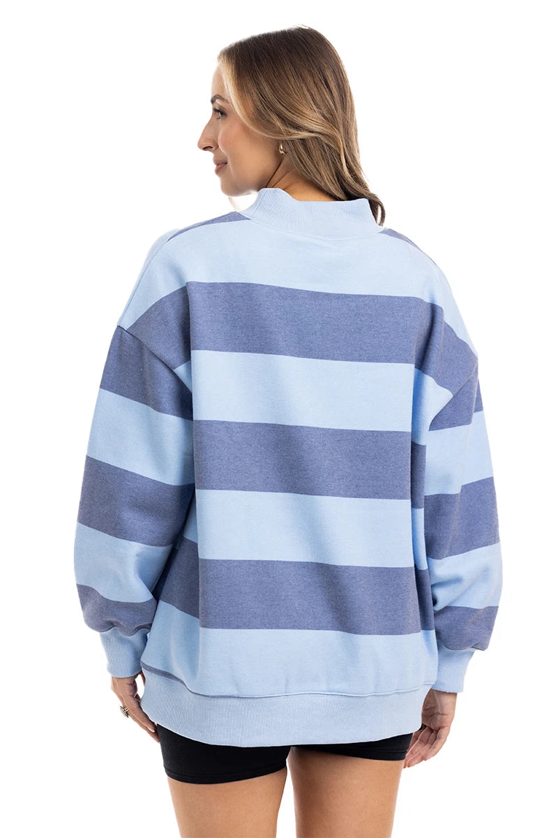 Light Blue and Navy Striped Mockneck Wholesale Sweatshirt