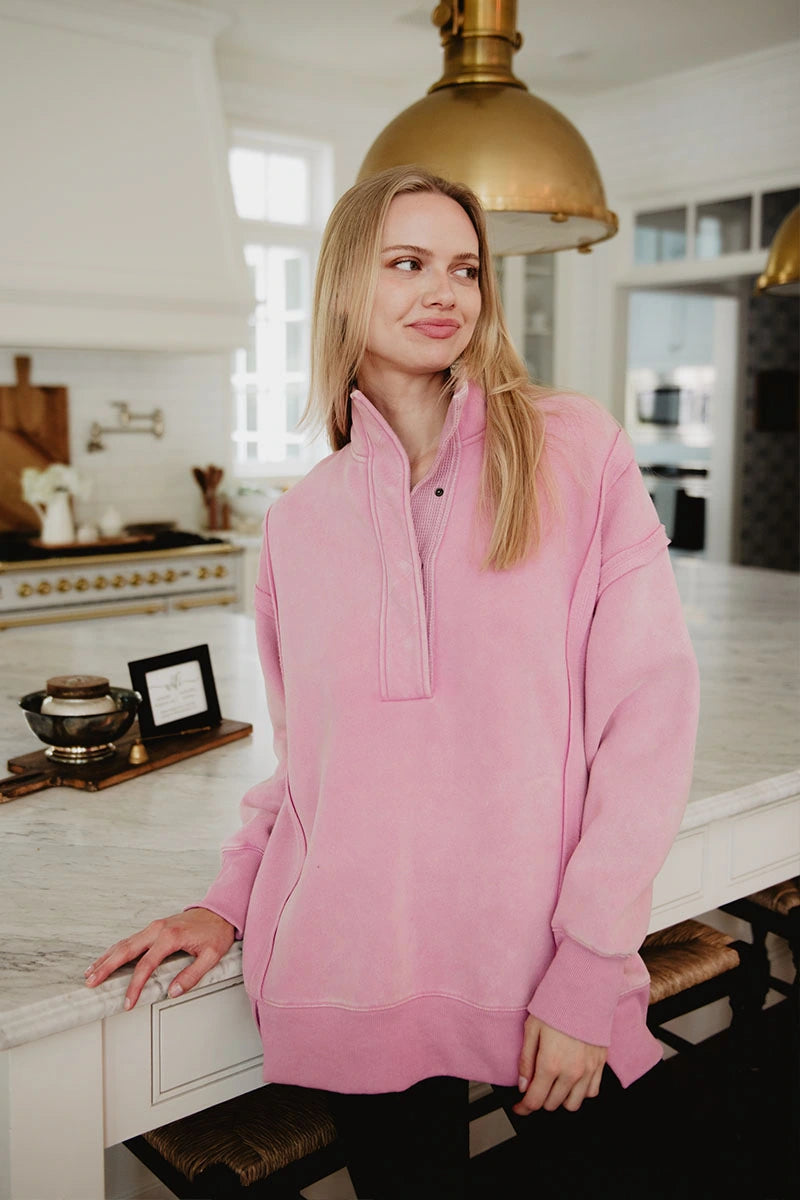 Pink Vintage Wash Wholesale Snap-Neck Pullover