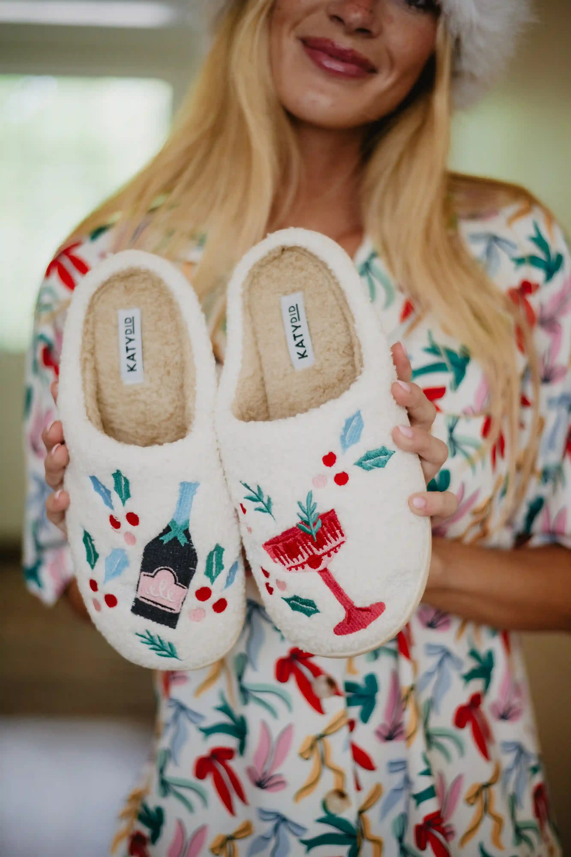 Holiday Champagne, Coupes & Holly Wholesale Slippers