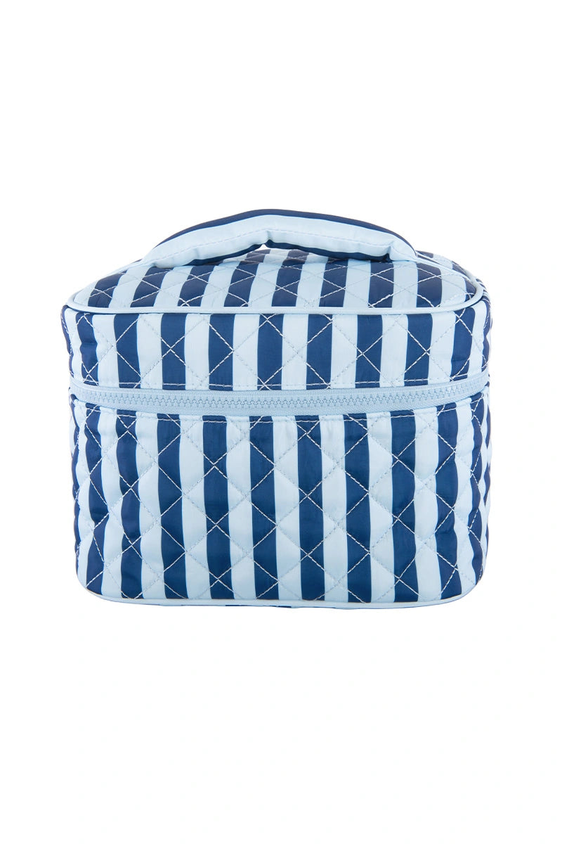 Light Blue and Navy Striped Quilted Makeup Bag