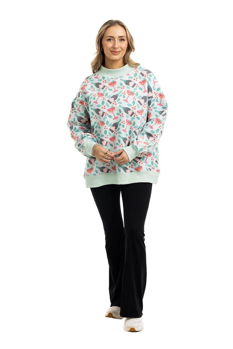 Holiday Champagne, Coupes & Holly Wholesale Printed All Over Mockneck