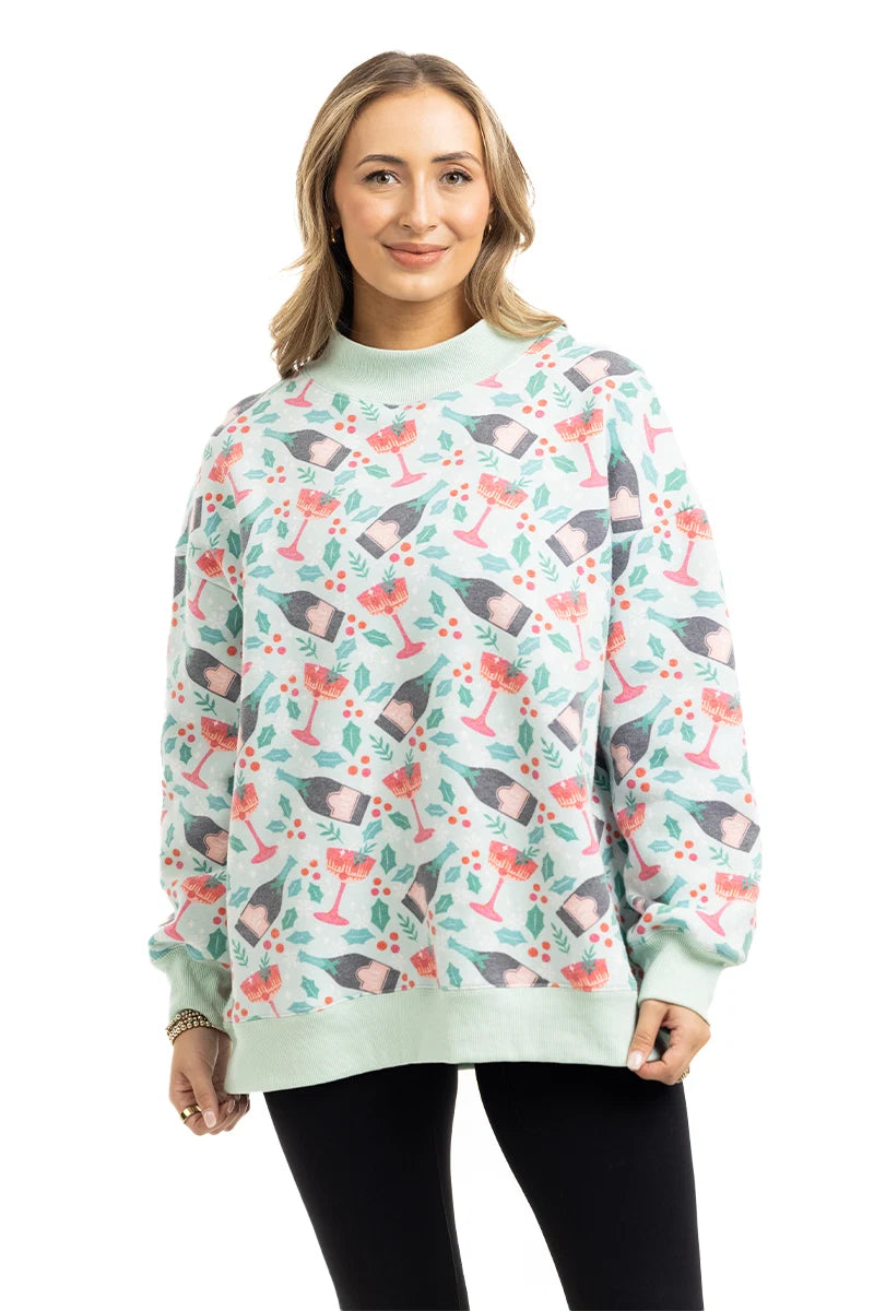 Holiday Champagne, Coupes & Holly Wholesale Printed All Over Mockneck
