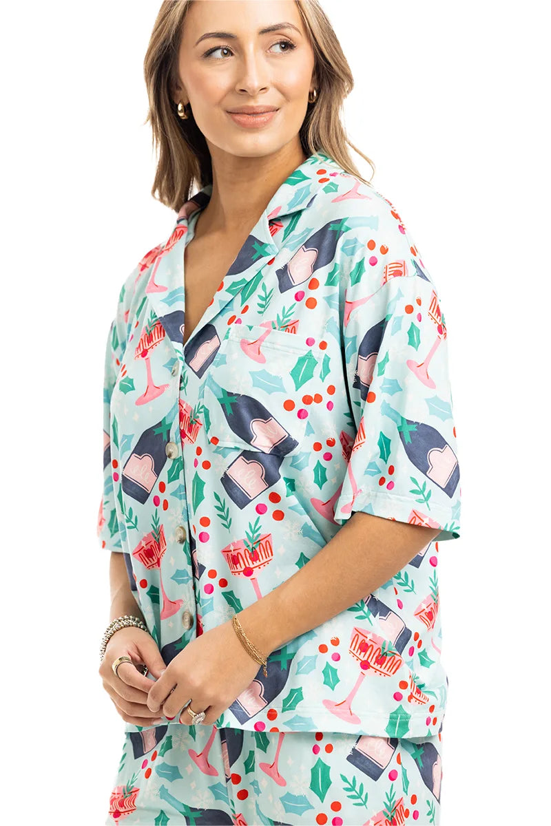 Holiday Champagne, Coupes & Holly Pajama Pants Set