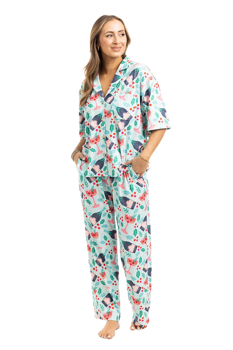 Holiday Champagne, Coupes & Holly Pajama Pants Set