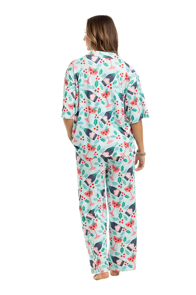 Holiday Champagne, Coupes & Holly Pajama Pants Set
