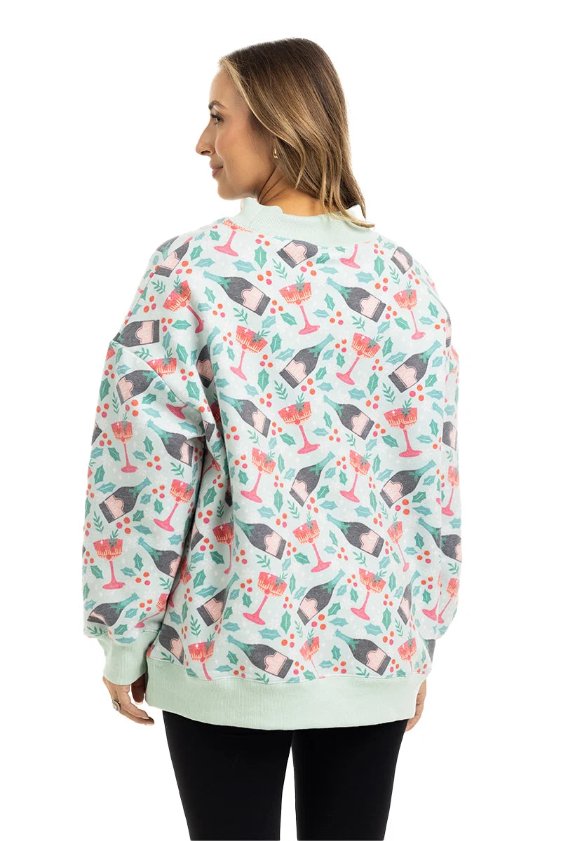 Holiday Champagne, Coupes & Holly Wholesale Printed All Over Mockneck