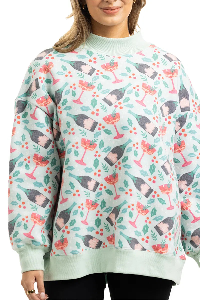 Holiday Champagne, Coupes & Holly Wholesale Printed All Over Mockneck